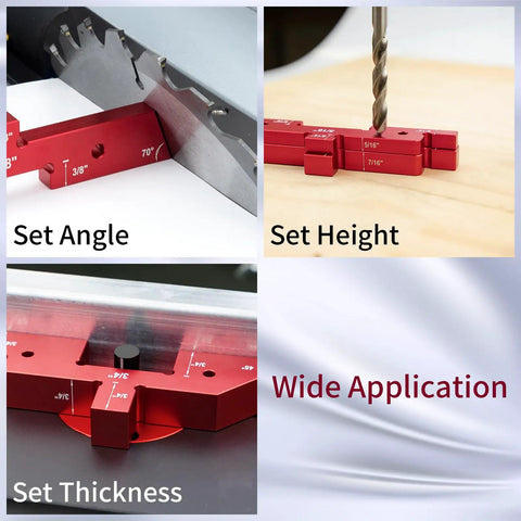 Router Table Setup Blocks Kit 14-Piece Aluminum Precision Setup Bars showing angle, height, and thickness settings in woodworking.