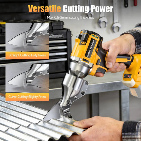 Cordless Metal Shear For Dewalt 20V Max Batteries cutting metal sheet in workshop