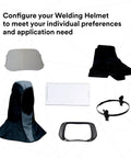 Built Tough Auto Darkening Filter Welding Helmet Zero Lag Shade Switching For Mig TIG Stick Welding Three Lens Sensitivity Settings Professional Shop Ready accessories including face shield, lens frame, and cloth parts.