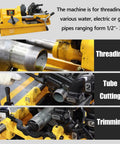 Heavy Duty 220V Electric Pipe Threader Workhorse With Rock Solid Speed Grip Chuck For Cutting One Half To Three Inch Conduits includes threading, cutting, and trimming functions.