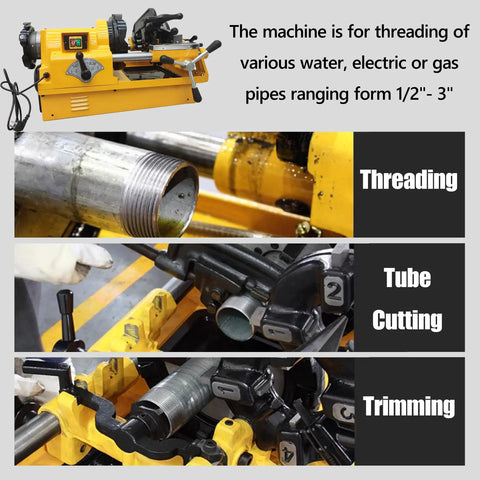 Heavy Duty 220V Electric Pipe Threader Workhorse With Rock Solid Speed Grip Chuck For Cutting One Half To Three Inch Conduits includes threading, cutting, and trimming functions.