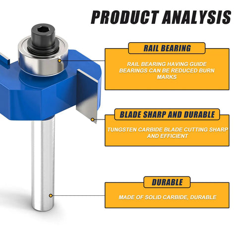 Slick Smooth Heavy Duty Rabbet Router Bit Set 4 Piece Quarter Inch Shank Carbide Tip with swappable bearings and rail bearing.