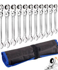 Flexible Ratcheting Wrench Set With 12 Pieces 8 To 19mm Metric Spanner Gear Ring Kit shown in chrome finish displayed with tool roll.