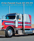 Peterbilt semi-truck side-front view with chrome exhaust stacks and blue-red livery.