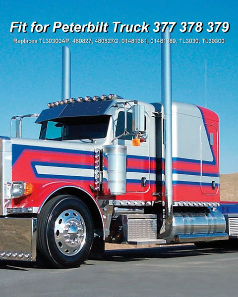 Peterbilt semi-truck side-front view with chrome exhaust stacks and blue-red livery.