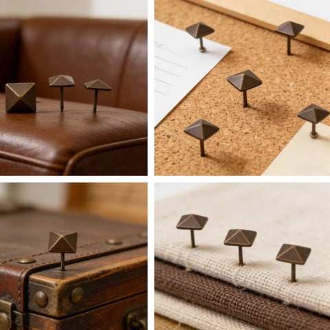 Top Shelf Antiqued Brass Upholstery Nails With Dang Sharp Square Cone Heads Heavy Duty Furniture Tacks Pack Of Thirty on leather and cork surfaces.
