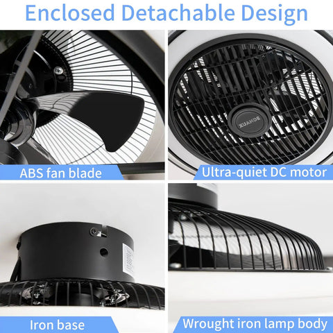 Close-up of Enclosed 20 Inch Ceiling Fan With Lights And Remote Ultra Quiet Modern Low Profile DC Motor featuring ABS fan blade and iron base.