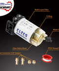 Marine Outboard Fuel Filter Water Separator Replacement with fittings for S3213, showcasing parts and labels.