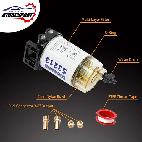Marine Outboard Fuel Filter Water Separator Replacement with fittings for S3213, showcasing parts and labels.