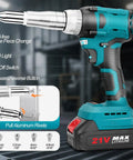 Camxtool Cordless Rivet Gun, Brushless Electric Pop Riveter Kit with Automatic Trigger, close-up view of tool features and rivet settings.