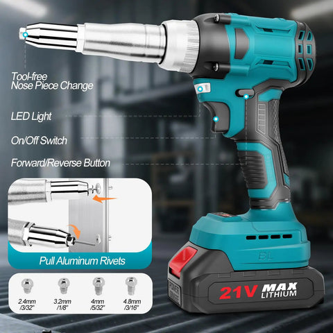 Camxtool Cordless Rivet Gun, Brushless Electric Pop Riveter Kit with Automatic Trigger, close-up view of tool features and rivet settings.