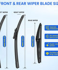 Smart Fortwo All Season Windshield Wiper Blade Replacement Set 2007 Through 2014 display of left, right, and rear wiper blade sizes 23, 21, and 13 inches.