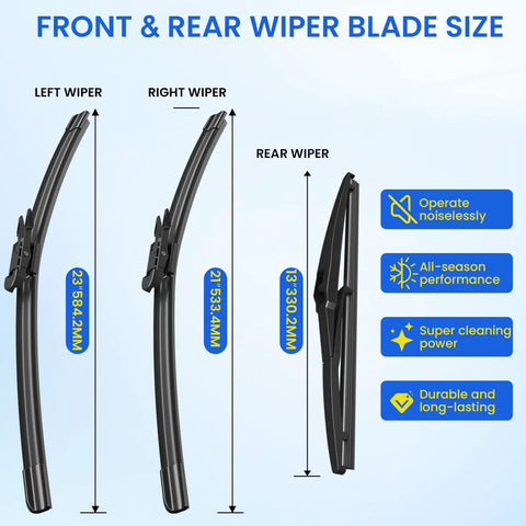 Smart Fortwo All Season Windshield Wiper Blade Replacement Set 2007 Through 2014 display of left, right, and rear wiper blade sizes 23, 21, and 13 inches.