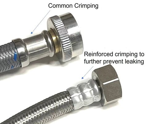 Heavy Duty Toilet Water Supply Line Braided Stainless Steel With Three Eighths Inch Compression To Seven Eighths Inch Ballcock Threads No Fuss Ten Or Twenty Inch Flexible Toilet Connector Leak Proof PVC Core Durable Stainless Braided Build showing common vs reinforced crimping