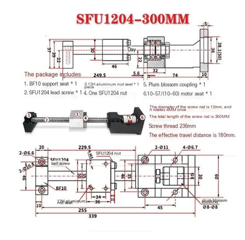 SFU1204 300mm Ball Screw Kit With Ultra Low Backlash For Smooth CNC Motion, rolling friction design and mounting dimensions