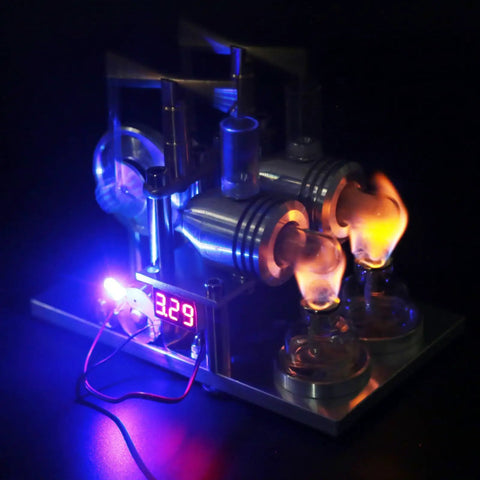 Top-Tier Stirling Engine Generator Model Set 3 Twin-Cylinder Brass And Aluminum Alloy Desktop Physics Demo Kit with flames and display.