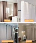 Flexible Ceiling Curtain Track 9.8 Ft Bendable Curtain Rail With Mute Rollers For Easy Install In Shower Bay Window RV Or Room Divider Curved Track That Bends Any Way To Fit Any Shape. White ceiling rail shown in bedroom, shower, RV, and hospital use.