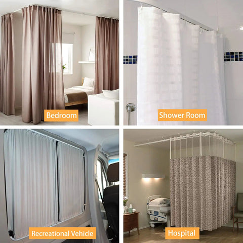 Flexible Ceiling Curtain Track 9.8 Ft Bendable Curtain Rail With Mute Rollers For Easy Install In Shower Bay Window RV Or Room Divider Curved Track That Bends Any Way To Fit Any Shape. White ceiling rail shown in bedroom, shower, RV, and hospital use.