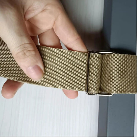 Two Pack Lift Up Bed Frame Handle Grips For No Sweat Lifting And Storage, nylon webbing strap in hand with clasp detail