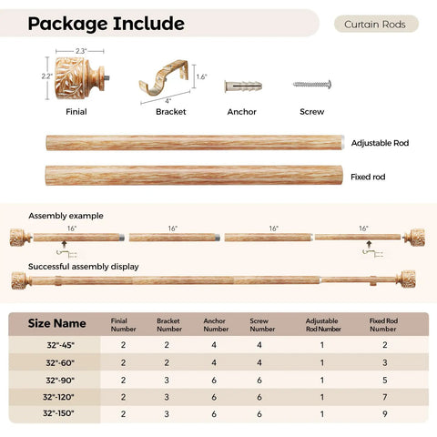Package include items for Rustic Wood Curtain Rod Set For Windows 48 To 84 Inches 1 Inch Diameter Dope Adjustable Heavy Duty