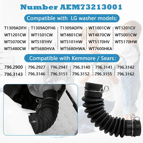 Washer Drain Hose Assembly For LG And Kenmore Washers With Thick Tub To Pump Connector And Stainless Steel Clamps shown on model list
