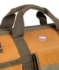 Closeup of brown canvas handles on Longboy Tool Bag With 16 Pockets, Heavy Duty 24 By 10 By 10 Inch Black Work Organizer.