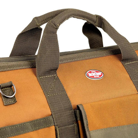 Closeup of brown canvas handles on Longboy Tool Bag With 16 Pockets, Heavy Duty 24 By 10 By 10 Inch Black Work Organizer.