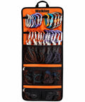 Rock Climbing Gear Storage Bag For Quickdraws And Small Parts Carabiner Hook Organizer displayed open with pockets full of gear