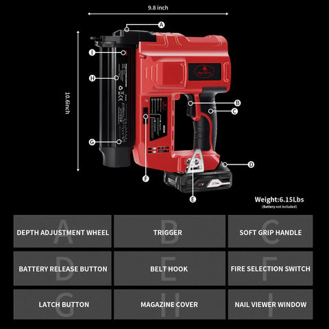 Cordless 18 Gauge Brad Nailer 2 In 1 Electric Nail Gun With 20v Batteries Fast Charger Blazing Trigger side view with labeled features.