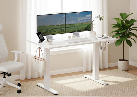 Seang Electric Height Adjustable Standing Desk 48 By 24 Inch Sit Stand Workstation with dual monitors and cable management.