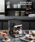 Heavy Duty 20 Bar Automatic Espresso Machine With Hella Rich Crema And Kickin Smooth Milk Frothing For Straight Up Pro Level Cappuccino Latte Coffee Brewing on kitchen counter with cups and pastries.