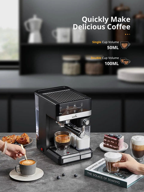 Heavy Duty 20 Bar Automatic Espresso Machine With Hella Rich Crema And Kickin Smooth Milk Frothing For Straight Up Pro Level Cappuccino Latte Coffee Brewing on kitchen counter with cups and pastries.