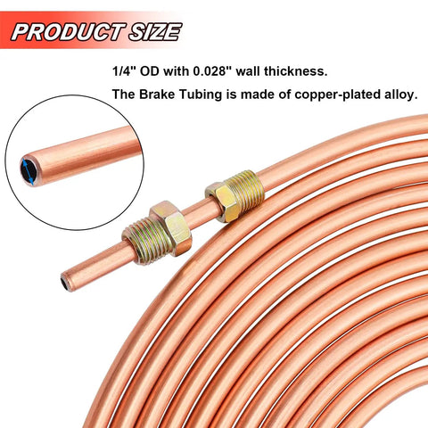 One Quarter Inch Copper-Coated Brake Line Tubing Kit With Flexible Easy-Bend Design showing tubing coil and fittings