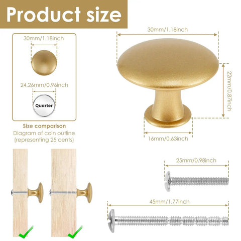50 Pack Gold Round Cabinet Knobs 30mm Drawer Knobs Bulk Set With Screws Hollow Inside Lightweight Rustproof Dresser Knobs