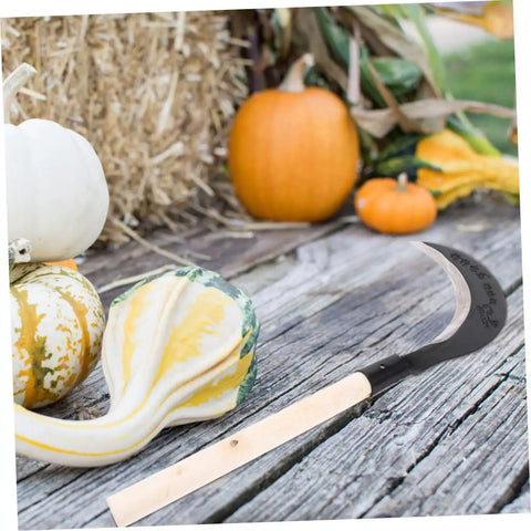Long Handled Hand Scythe For Weeding In The Garden With Heavy Duty Manganese Steel Blade Japanese Style Garden Tool next to pumpkins on a wooden bench