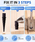 45 Piece Wood Anchor Repair Kit for Stripped Screw Holes Black Finish with Top Threaded Design for Tight Grip on Loose Hinges Cabinets Drawers Shelves and Furniture Includes Extra Pieces for Future DIY Fixes Pro Grade Confidence, 3-step hinge repair