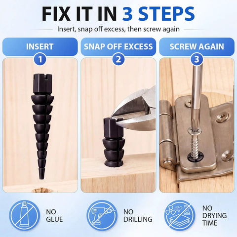 45 Piece Wood Anchor Repair Kit for Stripped Screw Holes Black Finish with Top Threaded Design for Tight Grip on Loose Hinges Cabinets Drawers Shelves and Furniture Includes Extra Pieces for Future DIY Fixes Pro Grade Confidence, 3-step hinge repair