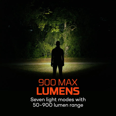Silhouette in woods illuminated by Mycro 900 Lumen Headlamp With Turbo Mode Seven Light Modes White And Red Beams Spot Plus Flood Coverage