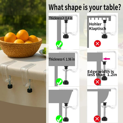 Clear Tablecloth Clips That Grip Tight No Slip For Tables From 0.4 To 1.96 Inch Thick 12 Pack Easy To Install Damage Free Table Cloth Holder Clips For Indoor Outdoor Use shown on various table edges