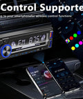 Bluetooth Car Stereo Single DIN With Hands Free Calling Push To Talk Button FM MP3 SD AUX Dual USB Ports iOS And Android App Control 7 LED Color Lighting Equalizer No CD Player Easy Plug In Car Audio Receiver featured with smartphone app control and FM display.