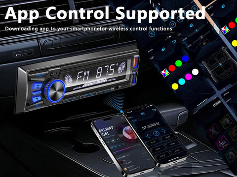 Bluetooth Car Stereo Single DIN With Hands Free Calling Push To Talk Button FM MP3 SD AUX Dual USB Ports iOS And Android App Control 7 LED Color Lighting Equalizer No CD Player Easy Plug In Car Audio Receiver featured with smartphone app control and FM display.