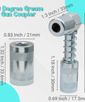 90 Degree Grease Gun Coupler Adapter in Carbon Steel, Beefed-Up Quick Connect, 3000-4500 PSI, Galvanized Finish with dimensions