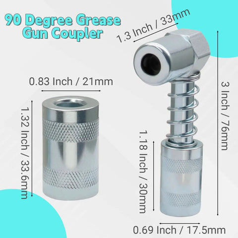 90 Degree Grease Gun Coupler Adapter in Carbon Steel, Beefed-Up Quick Connect, 3000-4500 PSI, Galvanized Finish with dimensions