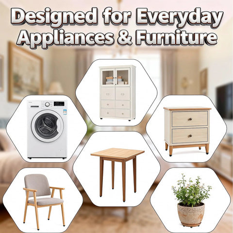 Collage displaying furniture and appliance uses for Black Stainless Steel Self Adhesive Caster Wheels 4 Pack Large Profile Swivel Ball Casters