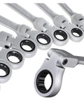 Close-up of 7 Piece Flexible Head Ratcheting Wrench Set With 8 mm 10 mm 12 mm 13 mm 14 mm 17 mm 19 mm Hand Tools in anti-rust finish.