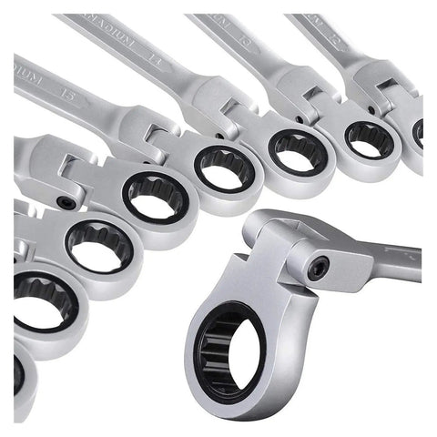 Close-up of 7 Piece Flexible Head Ratcheting Wrench Set With 8 mm 10 mm 12 mm 13 mm 14 mm 17 mm 19 mm Hand Tools in anti-rust finish.