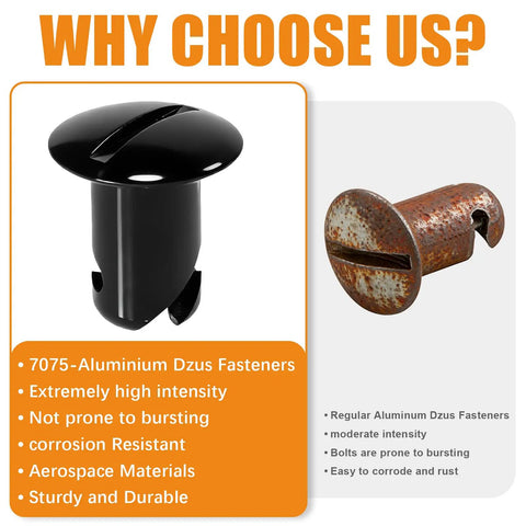 Heavy Duty Quarter Turn Dzus Fasteners Made From Top Tier 7075 Aluminum Alloy featuring matte black finish and corrosion resistance.