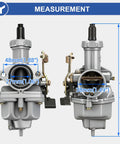 Front and side view dimensions of PZ27 Carburetor Kit Replacement For 125cc 150cc 200cc 250cc ATVs Go Karts Dirt Bikes