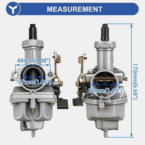 Front and side view dimensions of PZ27 Carburetor Kit Replacement For 125cc 150cc 200cc 250cc ATVs Go Karts Dirt Bikes