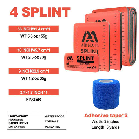 Go To First Aid Splint Kit With Four Sizes Malleable Splints And Two Medical Tapes In Durable Pouch for injuries